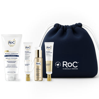 RoC skincare products (deep wrinkle SERUM cleanser, deep wrinkle MOISTURIZER SPF, deep wrinkle serum, deep wrinkle night cream) with a navy holiday cosmetic bag on a white background