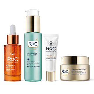 RoC skincare products (Revive + Glow DAILY SERUM, Hydration+ MOISTURIZER SPF, LINE SMOOTHING EYE CREAM, LINE SMOOTHING MAX HYDRATION CrEAM)