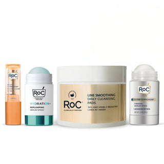 RoC skincare products (Revive + Glow Eye Balm, Hydration+ Serum Stick, Line Smoothing Daily Cleansing Pads, Derm Correxion Firming Serum Stick)