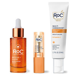 RoC skincare products including Revive + Glow Daily serum, Revive + Glow Eye Balm, and Revive + Glow moisturizer SPF on a white background