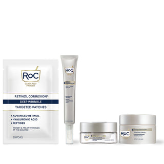 RoC skincare products (Deep wrinkle targeted patches, derm correxion fill + treat SERUM, derm correxion dual EYE cream, derm correxion contour cream)