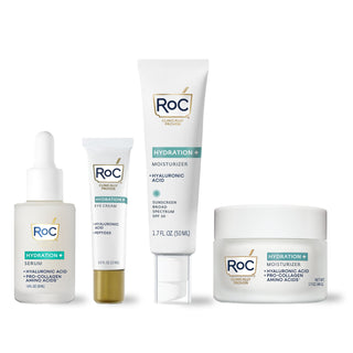 RoC skincare products (Hydration+ SERUM, Hydration+ EYE cream, Hydration+ MOISTURIZER SPF, Hydration+ MOISTURIZER) 
