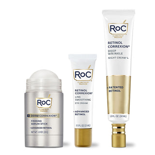 RoC skincare products (line smoothing EYE cream, derm correxion firming serum stick, deep wrinkle night cream) 