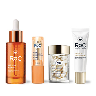 RoC skincare products (Revive + Glow EYE BALM, REVIVE + GLOW DAILY SERUM, LINE SMOOTHING EYE CREAM, LINE SMOOTHING NIGHT SERUM CAPSULES) 
