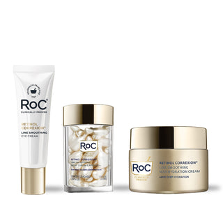 RoC skincare products (Line Smoothing Eye Cream, Line Smoothing Night Serum Capsules, Line Smoothing Max Hydration Cream) 