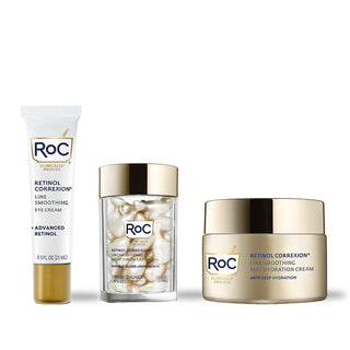 RoC skincare products (Line Smoothing Eye Cream, Line Smoothing Night Serum Capsules, Line Smoothing Max Hydration Cream) 