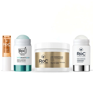 RoC skincare products (Revive + Glow Eye Balm, Hydration+ Serum Stick, Line Smoothing Daily Cleansing Pads, Derm Correxion Firming Serum Stick)