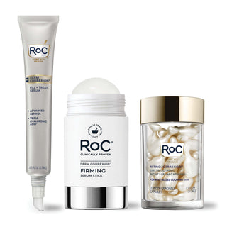 RoC skincare products (Derm Correxion Fill + Treat Serum, Derm Correxion Firming Serum Stick, Line Smoothing Night Serum Capsules) 