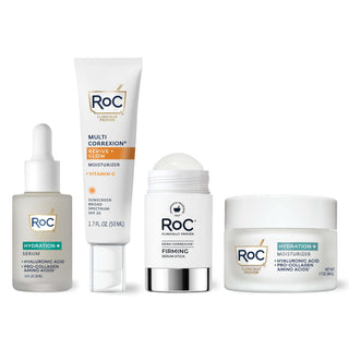 RoC skincare products (Hydration+ Serum, Revive + Glow Moisturizer SPF, Derm Correxion Firming Serum Stick, Hydration+ Moisturizer)