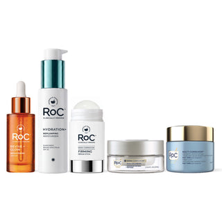 RoC skincare products (Revive + Glow Daily Serum, Hydration+ Moisturizer SPF, Derm Correxion Firming Serum Stick, Derm Correxion Dual Eye Cream, Firm + Lift Anti-Sagging Cream)