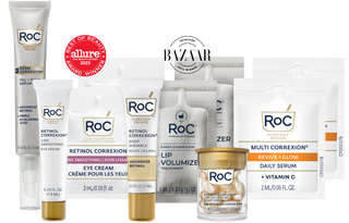Collection of award winning RoC skincare products including lip volumizer with harpers bazaar seal, line smoothing eye cream with allure seal, and revive + glow daily serum.
Derm Correxion Fill + treat Serum 10 ML, Line Smoothing Eye Cream Mini, Deep Wrinkle Night Cream Mini, Line Smoothing Night Serum Capsules Travel Size
