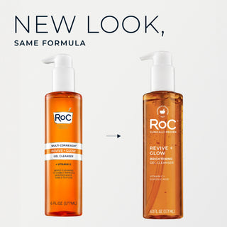 Two bottles of Roc gel cleanser with text 'New Look, Same Formula' on a white background.