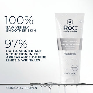 Derm Correxion Serum Cleanser on a white background with overlay text: “100% saw visibly smoother skin. 97% had a significant reduction in the appearance of fine lines and wrinkles. clinically proven.”