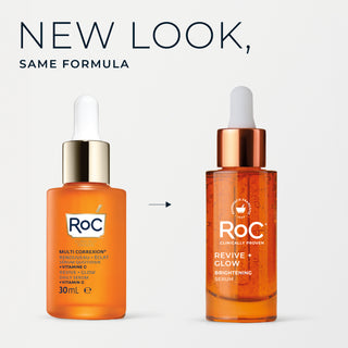 Two bottles of ROC skincare serum with text 'New Look, Same Formula' on a white background.
