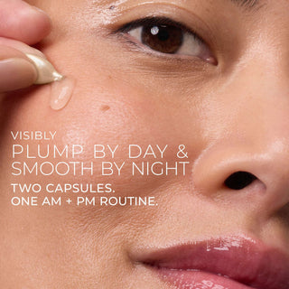 visibly plump by day & smooth by night two capsules. one am + pm routine
