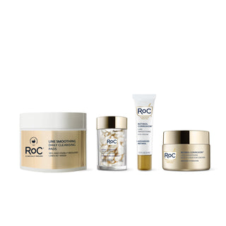 RoC skincare products (Line Smoothing Daily Cleansing Pads, Line Smoothing Night Serum Capsules, Line Smoothing Eye Cream, Line Smoothing Max Hydration Cream)
