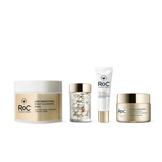 RoC skincare products (Line Smoothing Daily Cleansing Pads, Line Smoothing Night Serum Capsules, Line Smoothing Eye Cream, Line Smoothing Max Hydration Cream)