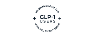 A circular black text badge on a white background reading 'RECOMMENDED FOR GLP-1 USERS APPROVED BY ROC¹ DERMS' with plus signs on either side.