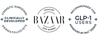 Three circular black-and-white award-style badges on a white background: one reading 'Cosmetic Surgeons Clinically Developed Dermatologists,' one centered 'Bazaar Skincare 2025 Winner,' and one reading 'Recommended for GLP-1 Users Approved by ROC Derm.'.