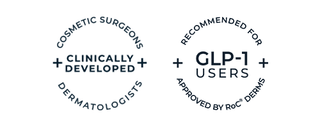 Two circular badge graphics on a white background. The left badge reads 'COSMETIC SURGEONS + CLINICALLY DEVELOPED + DERMATOLOGISTS'.