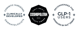 Three award-style badges on a white background: a circular emblem reading 'Cosmetic Surgeons' and 'Dermatologists Clinically Developed,' a central black hexagonal 'Cosmopolitan Beauty Award 2024' badge, and a circular 'Recommended for GLP-1 Users Approved by ROC Dermis' badge.