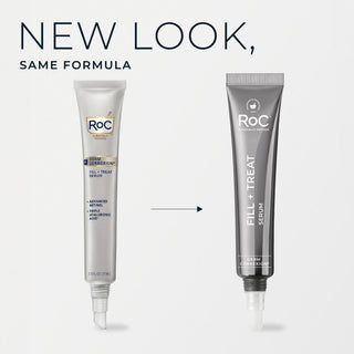 Two RoC Cosmetics squeeze tubes shown side by side on a light gray background with the text 'NEW LOOK, SAME FORMULA' at the top. The left tube is silver with blue and gold text, and the right tube is dark gray with white text.