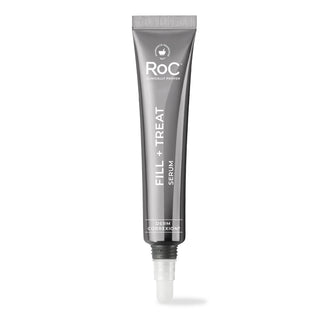 A single tube of RoC Fill + Treat Serum on a clean white background. The tube is metallic silver with white text and a clear cap.