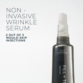 Derm Correxion serum bottle with text about non-invasive wrinkle treatment on a light gray background