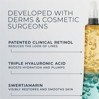 Skincare product with text about its ingredients and benefits on a light gray background