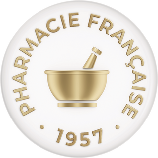 Logo of Pharmacie Française with a gold mortar and pestle on a white background