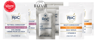 Collection of award winning RoC skincare products including lip volumizer with harpers bazaar seal, line smoothing eye cream with allure seal, and revive + glow daily serum.
