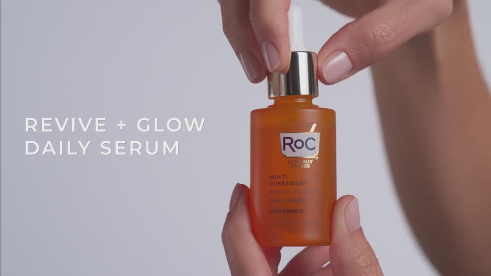 revive + glow daily serum
pat 4-6 drops onto face
use am and/or pm
powered by patent pending vitamin c + peptides
100% had visibly brighter, tighter skin
RoC Skincare Clinically Proven
