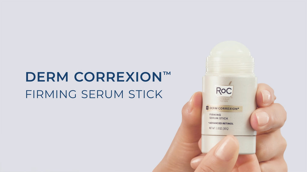 Derm Correxion Firming Serum Stick. Smooth onto face and neck. use am or pm. powered by retinol + antioxidants to visibly firm + tighten. 94% had visibly firmer skin. RoC Skincare Clinically Proven