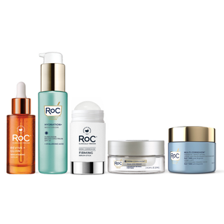 RoC skincare products (Revive + Glow Daily Serum, Hydration+ Moisturizer SPF, Derm Correxion Firming Serum Stick, Derm Correxion Dual Eye Cream, Firm + Lift Anti-Sagging Cream)