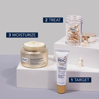 Stylized image of the Line Smoothing 3 step routine featuring RETINOL CORREXION® Line Smoothing Eye Cream, RETINOL CORREXION® Line Smoothing Night Serum Capsules, and RETINOL CORREXION® Line Smoothing Max Hydration Cream