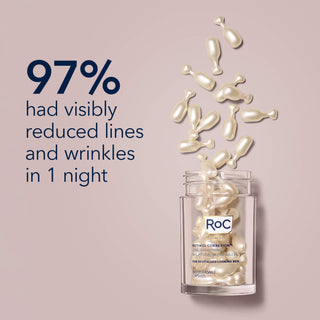 Infographic of RETINOL CORREXION® Line Smoothing Night Serum Capsules falling out of bottle with text: 97% had visibly reduced lines and wrinkles in 1 night.