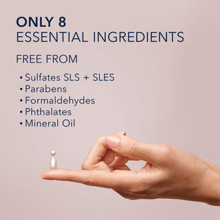 Image of model hand balancing one RETINOL CORREXION® Line Smoothing Night Serum Capsule on her finger with text: Only 8 Essential Ingredients, Free from Sulfates SLS & SLES, Parabens, Formaldehydes, Phthalates and Mineral Oil.