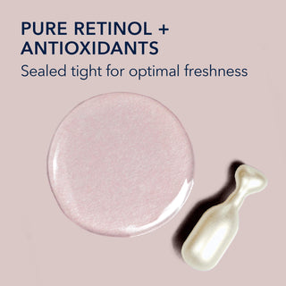 Image of a RETINOL CORREXION® Line Smoothing Night Serum Capsule and swatch to show product consistency with text: Pure Retinols + Antioxidants sealed tight for optimal freshness