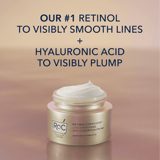 Image of RETINOL CORREXION® Line Smoothing Max Hydration Cream with text: Our #1 Retinol to visibly smooth lines + Hyaluronic Acid to visibly plump.