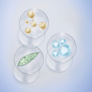 Image of retinol, hyaluronic acid and swertiamarin molecules in petrie dishes. DERM CORREXION® Contour Cream for Face & NeckDERM CORREXION® Contour Cream for Face & Neck