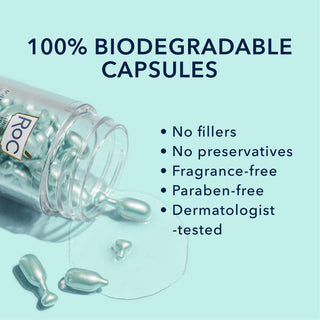 100% biodegradable capsules. No fillers, no preservatives, fragrance-free, paraben-free and dermatologist tested.