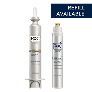 DERM CORREXION® Fill + Treat Serum Refills Available. Image showing product and product refill vials. 