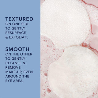 Textured on one side to gently resurface and exfoliate. Smooth on the other to gently cleanse & remove make-up, even around the eye area.